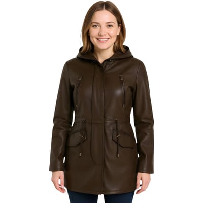 Dames bruine leren parka met capuchon - Cairns