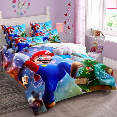 Cartoon SuperS M-Mario Beddengoed Set Spelpersonages Super Bros Dekbedovertrek Kinderdekbedovertrekken Kussensloop 2/3 Stuks Enkel Tweepersoons US Full(200*230cm)3pcs