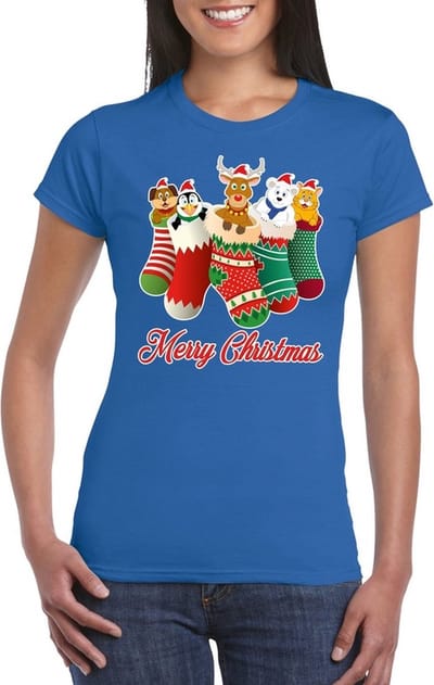 Bellatio Decorations Foute Kerst t-shirt - kerstsokken met diertjes - Merry Christmas - blauw - voor dames - kersttruien - kerstkleding S