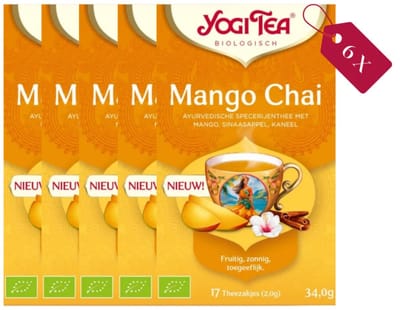 Yogi Tea Mango Chai - Biologische Kruidenthee met Kaneel, Gember en Mango voor een Exotisch-Kruidige Smaak - Tray van 6 Stuks