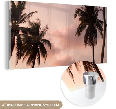 MuchoWow® Glasschilderij 120x60 cm - Schilderij acrylglas - Palmboom - Pastel - Zomer - Foto op glas - Schilderijen