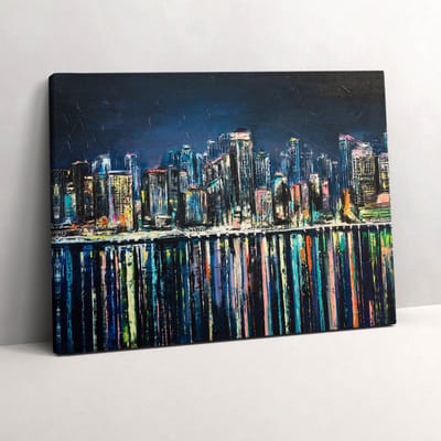 Wallfluent Foto Op Canvas Land van Bloemen - een fantasiestadje aan zee - 80 x 60 cm - Blauw Schilderij Canvas - Steden Canvas Doek Foto - Imitatie van een olieverfschilderij Schilderij Doek - Steden Schilderijen Op Canvas Doek