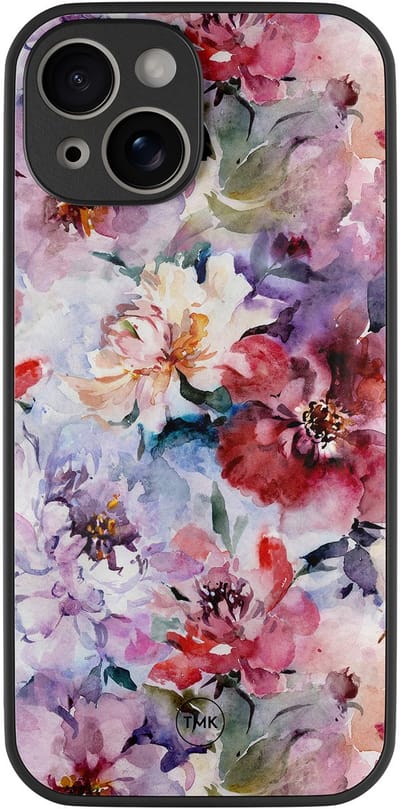Hoesje geschikt voor Apple iPhone 13 - Bloemen acryl - Paars - TPU luxe case (glossy toplaag) - Bloemen - Hardcase backcover zwart