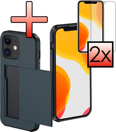 Hoes Geschikt voor iPhone 11 Hoesje Pasjeshouder Hard Cover Met 2x Screenprotector Shock Proof Hard Case Hoes Met Kaarthouder - Donkerblauw