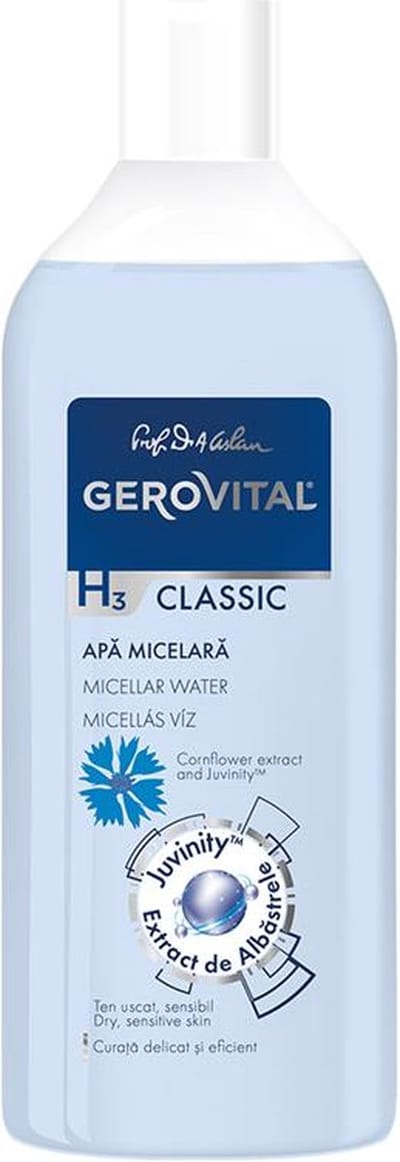 Gerovital H3 Classic Micellair Water met Korenbloemextract & Juvinity™ – Zachte Gezichtsreiniger voor Droge en Gevoelige Huid – 400 ml