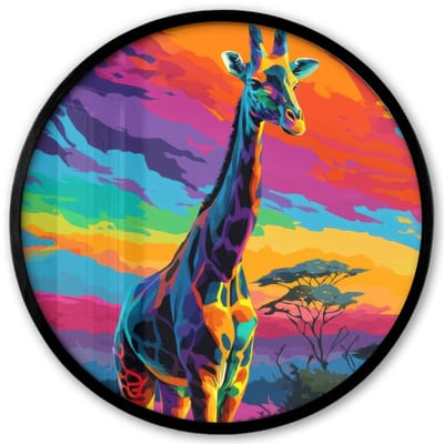 Poster in lijst Rond - Fotolijst 40x40 cm - Posters - Giraffe - Savanna - Lucht - Gekleurd - Ronde posterlijst zwart - Decoratie - Wanddecoratie woonkamer - Muurdecoratie slaapkamer