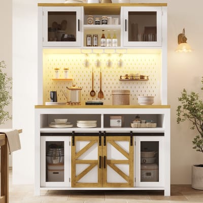 PHOEBE CAT Keukenkast - Dressoir - Schuifdeur - USB-aansluiting - LED-verlichting - Houtlook - Wit