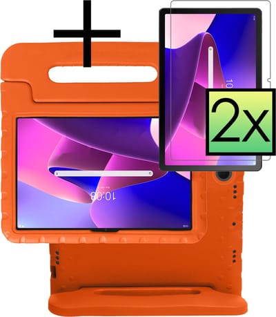 Hoes - Geschikt voor Lenovo Tab M10 Plus (3e / 3rd Generatie) - Met 2x Screenprotector - Kinderhoes Shockproof Bumper - Kidsproof Case - Tablet Hoesje - Kinder Cover - Oranje