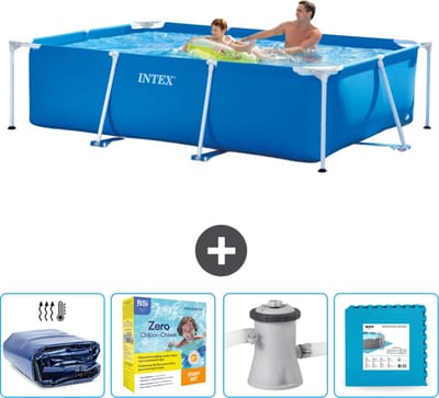 Intex Rechthoekig Frame Zwembad - 260 x 160 x 65 cm - Blauw - Inclusief Solarzeil - Onderhoudspakket - Zwembadfilterpomp - Vloertegels