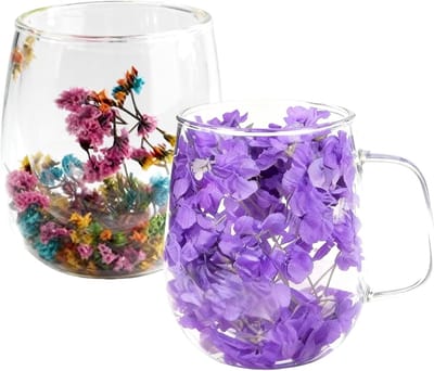Dubbele Wand Glazen Koffiekoppen 350ml met Droogbloem Design - Isolerende, Warmtebestendige Koffiekoppen voor Koffieliefhebbers en Cadeau-ideeën voor Vrouwen