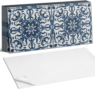 Coloray Plaktegels - Bloemenpatroon met ornamenten Zelfklevende Wandtegels - 40 cm x 20 cm - Blauw Plaktegels - 10 stuks - Rechthoek PVC Tegels - Plaktegels Badkamer - Vloertegels Zelfklevend - Vinyltegels Vloer Zelfklevend - Portugese Tegels
