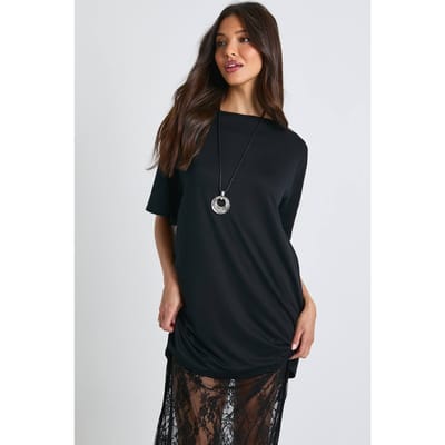 boohoo Dames Midaxi T-shirtjurk met kanten details | Zwart | Maat: 36