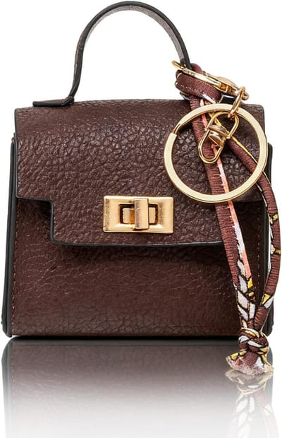 Stijlvolle Mini Handtas Sleutelhanger voor Vrouwen, PU Leer, Make-up Tas, Muntportemonnee en Lippenstift Houder (Bruin)