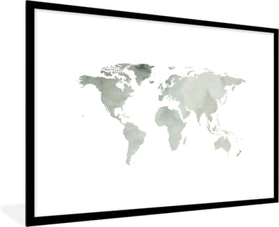 Poster in lijst - Fotolijst 120x80 cm - Posters - Wereldkaart - Grijs - Waterverf - Posterlijst zwart - Decoratie - Wanddecoratie woonkamer - Muurdecoratie slaapkamer