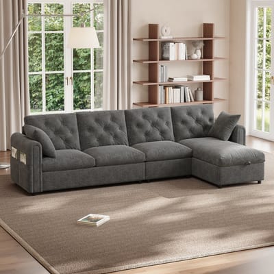 Wishdor Luxe Hoekbank met Slaapfunctie & Opbergruimte (281 cm) - Fluwelen Slaapbank met Verstelbare Chaise Longue - Grijs