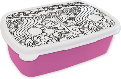 Broodtrommel Roze - Lunchbox - Brooddoos - Patronen - Abstract - Line Art - Zwart Wit - 18x12x6 cm - Kinderen - Meisje