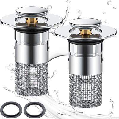 afvoerzeef - 2 stuks - Wastafelafvoerstop met haarscherm - Met antiverstoppingsscherm - afvoerfitting - wasbak - universele pop-up gootsteenplug - voor 34-40 mm afvoerplug - RVS - Gootsteenstop - Badafvoerstop