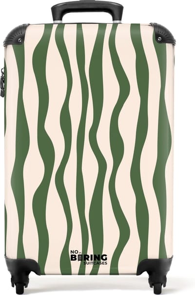 NoBoringSuitcases.com® - Handbagage koffer lichtgewicht - Reiskoffer trolley - Beige met groene lijnen - Rolkoffer met wieltjes - Past binnen 55x40x20 en 55x35x25