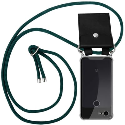Cadorabo Hoesje geschikt voor Google PIXEL 3 in LEGER GROEN - Silicone Mobiele telefoon ketting beschermhoes met zilveren ringen, koordriem en afneembaar etui