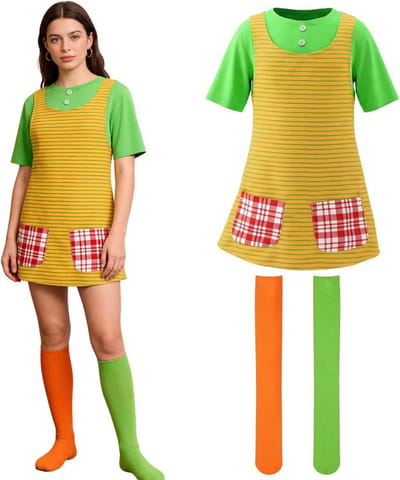 Vrouwelijk Carnaval Kostuum met Kleurrijke Jurk en Kousen, Feestoutfit voor Dames en Carnaval Accessoires