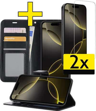 Hoesje - Met 2x Screenprotector - Geschikt voor Apple iPhone 16 Pro - Luxe Pasjeshouder - Bookcase Portemonee - Flip Case - Kunstleer Book Case - Flipcase Hoes - Book Cover - Walletcase - Portemonneehoes - Telefoonhoesjes - Zwart