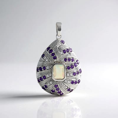 Cavill - Zilveren Hanger - 925 Sterling Zilver Geplatineerd - 0.54 ct Welo Opaal & 1.44 ct Amethist - Vintage Druppelvormige Hanger