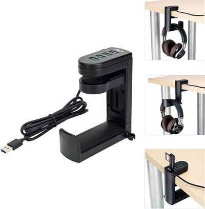 Universele Koptelefoonhouder met USB Hub en Kabelclip - 360° Draaibaar Bureau Organizer