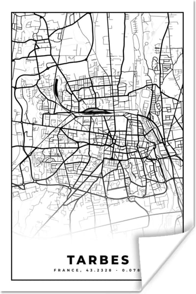 Poster Kaart - Tarbes - Plattegrond - Frankrijk - Stadskaart - Zwart wit - 120x180 cm XXL