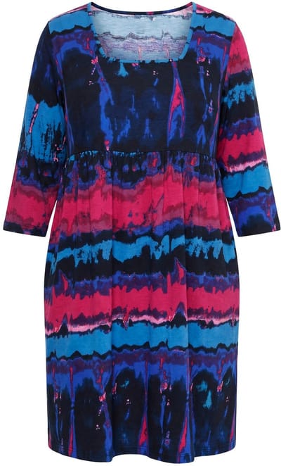 Ulla Popken - Dames - Jersey jurk batikpatroon A-lijn carréhals 3/4-mouwen - Inktblauw - Maat 42+