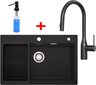 Sofetiy Max Granieten Spoelbak Antraciet 70x45CM - Enkele Spoelbak met 3 Kraangat - Spoelbakken Keuken Met Uittrekbare Uitloop Keukenkraan en Zeepdispenser 300ML - Spoelbak Met Afdruiprek - Spoelbakken Incl. Sifon en Afvoerzeefje