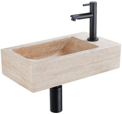 Saniclass Fuente fonteinset – rechthoekig – 40x22x10 cm – travertin beige – mat zwarte kraan