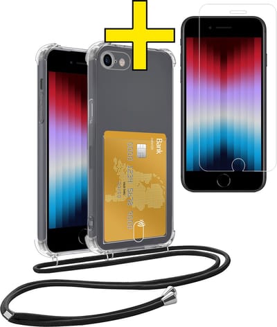 Hoesje Geschikt voor iPhone 7 Telefoonhoesje Met Koord Case Pashouder Met Screenprotector Siliconen - Hoes Geschikt voor iPhone 7 Hoesje Met Kaarthouder - Transparant