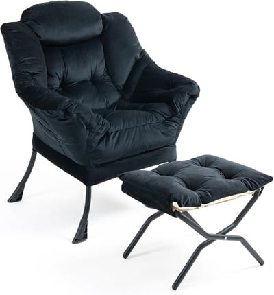 Comfortabele Fluweel Fauteuil met Voetenbank en Neksteun - Zwarte Lounge Stoel met Metalen Poten