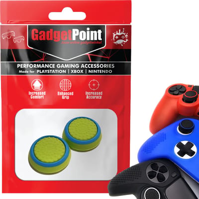 Gadgetpoint - Thumb Grips voor PlayStation, PS5, Xbox X/S, One & Switch Pro Controller - Gaming Thumbgrips - Performance Anti-Slip Thumbsticks - Bescherming Accessoires - Groen met blauwe cirkel