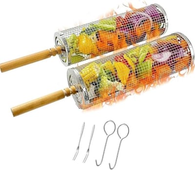 RVS Grillmanden met Wielen en Houten Handgrepen - 2 Stuks