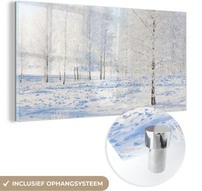 MuchoWow® Glasschilderij 40x20 cm - Schilderij acrylglas - Sneeuw - Bomen - Winter - Foto op glas - Schilderijen
