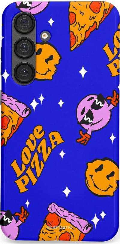 Casetastic hoesje geschikt voor Samsung Galaxy S25 Plus - Dubbellaagse bescherming - Funky Pizza - Fashion Case - Paars Okergeel Donkerblauw Bruin