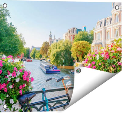 Gards Tuinposter Amsterdamse Kanaal met Bloemen - 50x40 cm - Tuindoek - Tuindecoratie - Wanddecoratie buiten - Tuinschilderij
