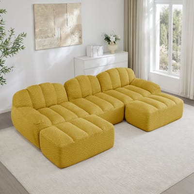 MODENUIT Hoekbank - 3-Zits Met 2 Ottomans - U- of L-Opstelling - Voor Woonkamer En Appartement - Fleece Geel