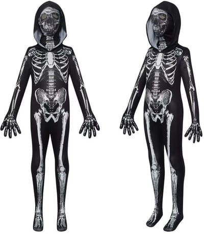 Joya Kids® Verkleedpak Skelet | Halloween Kostuum Kind & Volwassene | Stretch Jumpsuit met Capuchon & Masker | Verkleedkleding Met Sokken & Handschoenen | Maat 110