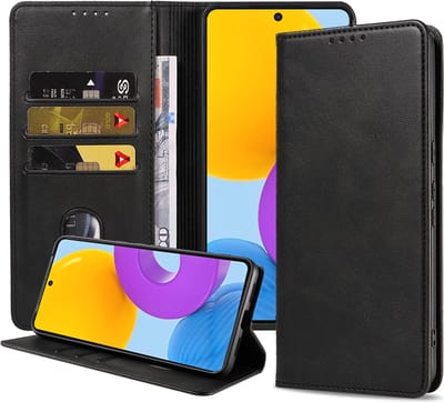 Smartphonica Telefoonhoesje geschikt voor Samsung Galaxy M52 kunstleren Hoesje met Magnetische sluiting en Pasjeshouders Book Case met Klepje - Zwart geschikt voor Samsung Galaxy M52 5G