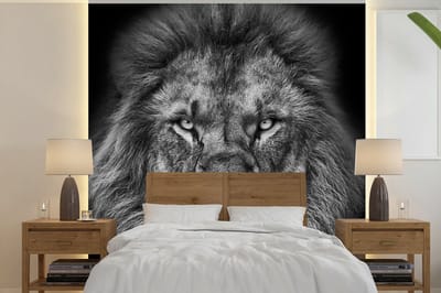 Behang - Fotobehang Dieren - Leeuw - Zwart - Wit - Portret - Breedte 280 cm x hoogte 280 cm