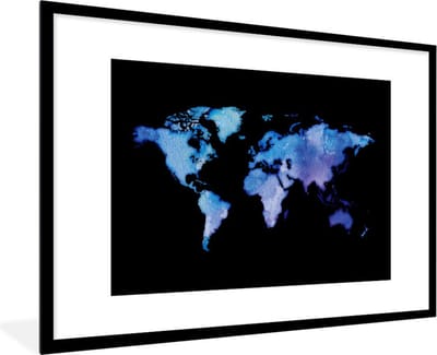 Poster in lijst - Fotolijst 90x60 cm - Posters - Wereldkaart - Waterverf - Paars - Posterlijst zwart - Decoratie - Wanddecoratie woonkamer - Muurdecoratie slaapkamer