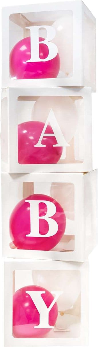 Intirilife Set van 4 Doorzichtige - Witte babyshowerballonnen dozen - elk 30 x 30 x 30 cm - Decoratieve dozen, feestdozen voor ballonnen, decoratie, gender reveal party, eenvoudige montage