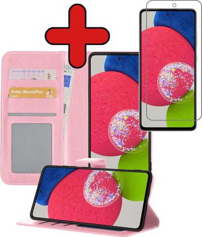 Hoesje - Met Screenprotector - Geschikt voor Samsung Galaxy A52s 5G - Luxe Pasjeshouder - Flipcase - Bookcase Portemonee - Flip Case - Kunstleer Book Case - Book Cover - Walletcase - Portemonneehoes - Telefoonhoes - Lichtroze