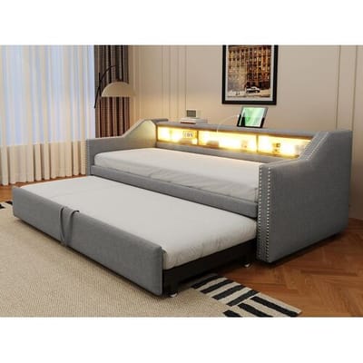 ModernLuxe Uittrekbare slaapbank 90/180x190cm in linnen - met LED & USB - met lattenbodem - Lichtgrijs