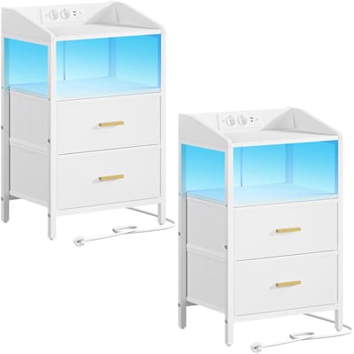nachtkastjeSolvix Nachtkastje – Nachtkastjes Set van 2 – Nachtkastjes Industrieel – Met LED Verlichting en Oplaadstation – Bijzettafel met Lades en Planken – Wit