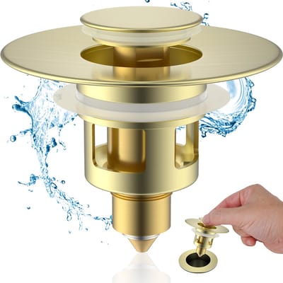 Wastafelstop (25-46mm), afvoerzeef afvoerset stop wastafel, messing bounce core push-type afvoerplug, universele wastafelstop vervanging voor bad en keuken, geborsteld goud