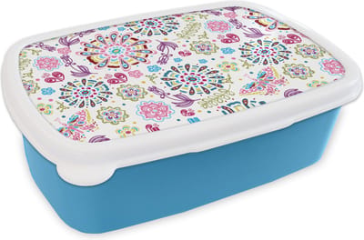 Broodtrommel Blauw - Lunchbox - Brooddoos - Regenboog - Bloemen - Vlinder - Design - 18x12x6 cm - Kinderen - Jongen