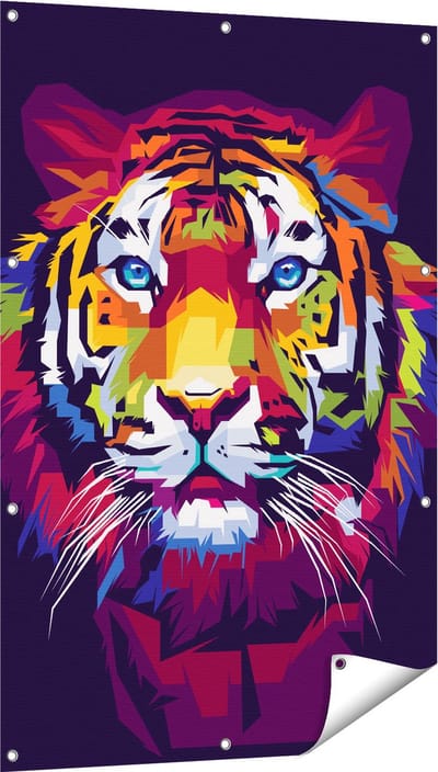 Gards Tuinposter Kleurrijke Tijger - Abstract - 80x120 cm - Tuindoek - Tuindecoratie - Wanddecoratie buiten - Tuinschilderij